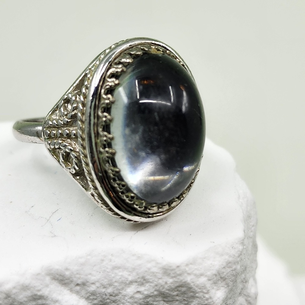 Silver Tone Smoky Gray Cabochon Filigree Ornate Statement Ring Size 6.25 Boho